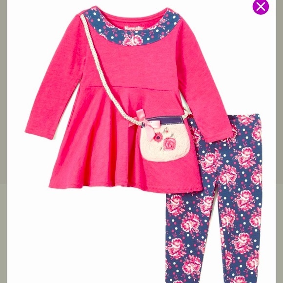Nannette Kids 2 Piece Set Baby Girl 12m pink purse tunic & blue floral leggings